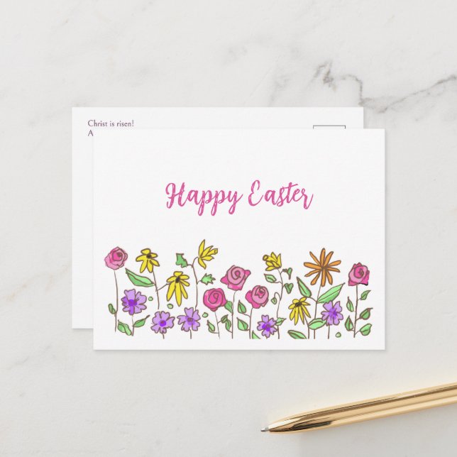 Happy Easter Hand-Drawn Wildflowers Cute Easter  Postcard (Front/Back In Situ)