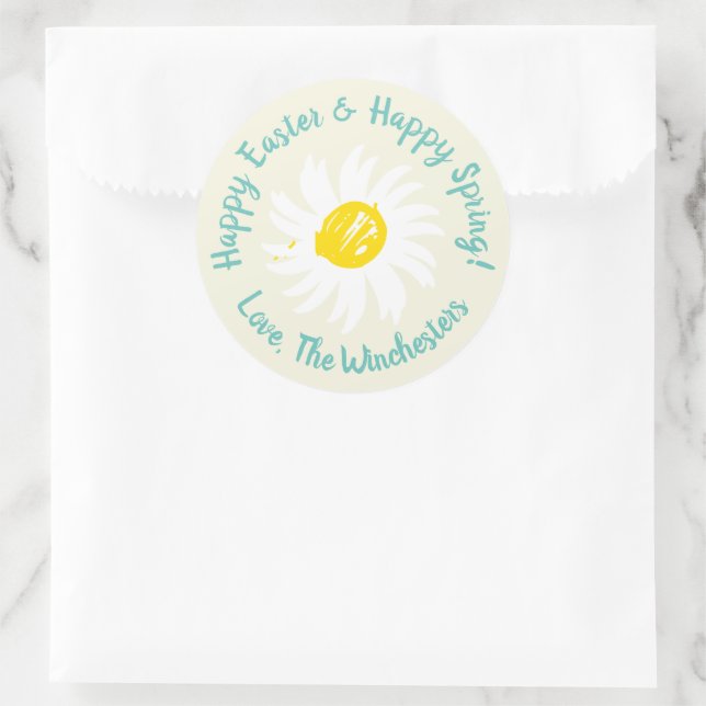 Happy Easter Happy Spring cute daisy custom script Classic Round Sticker (Bag)