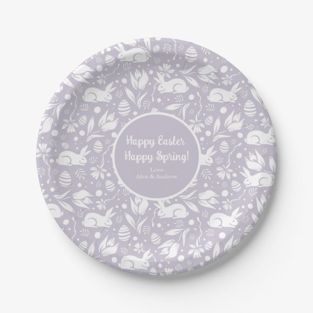 Happy Easter Happy Spring Pastel Purple Floral  Paper Plates (Front)