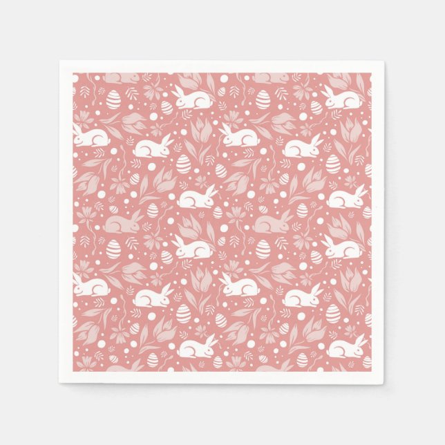 Happy Easter Happy Spring Rose Pink Bunny & Eggs Napkins (Front)