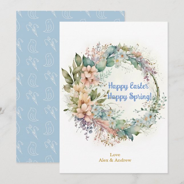 Happy Easter Happy Spring Sky Blue Floral Wreath Holiday Card (Front/Back)