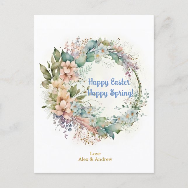 Happy Easter Happy Spring Sky Blue Floral Wreath Holiday Postcard (Front)