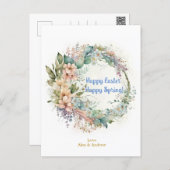 Happy Easter Happy Spring Sky Blue Floral Wreath Holiday Postcard (Front/Back)