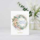 Happy Easter Happy Spring Sky Blue Floral Wreath Holiday Postcard (Standing Front)