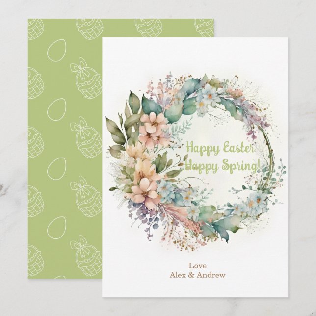 Happy Easter HappySpring Mint Green Floral Wreath  Holiday Card (Front/Back)
