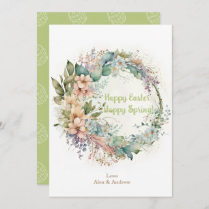 Happy Easter HappySpring Mint Green Floral Wreath Holiday Card
