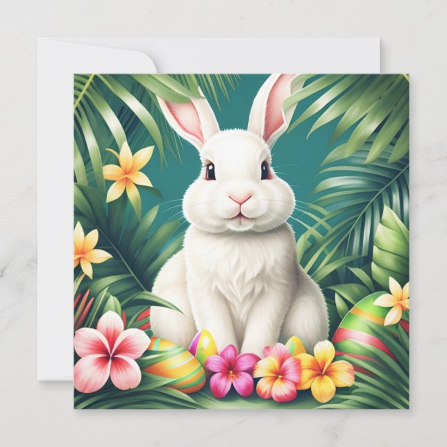 Happy Easter Hawaiian tropical rabbit & eggs Card (Front)