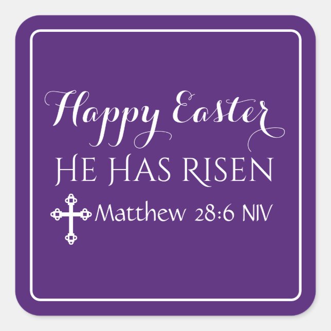 Happy Easter He Has Risen Bible Verse Dark Purple Square Sticker (Front)