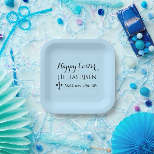 Happy Easter He Has Risen Bible Verse Light Blue Paper Plates