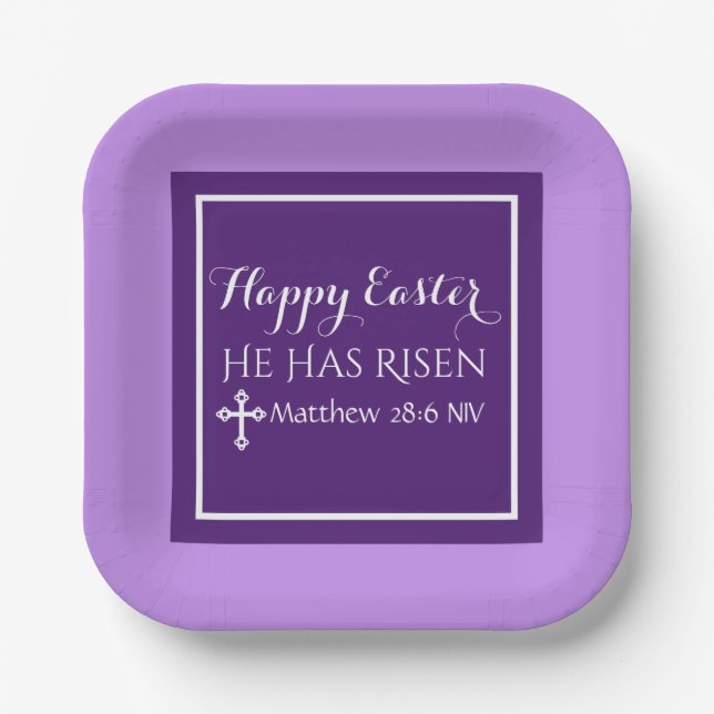 Happy Easter He Has Risen Bible Verse Purple Paper Plates (Front)