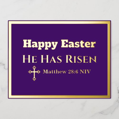 Happy Easter He Has Risen Bible Verse Royal Purple Foil Holiday Postcard