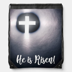 Happy Easter He Is Risen Cross Drawstring Bag