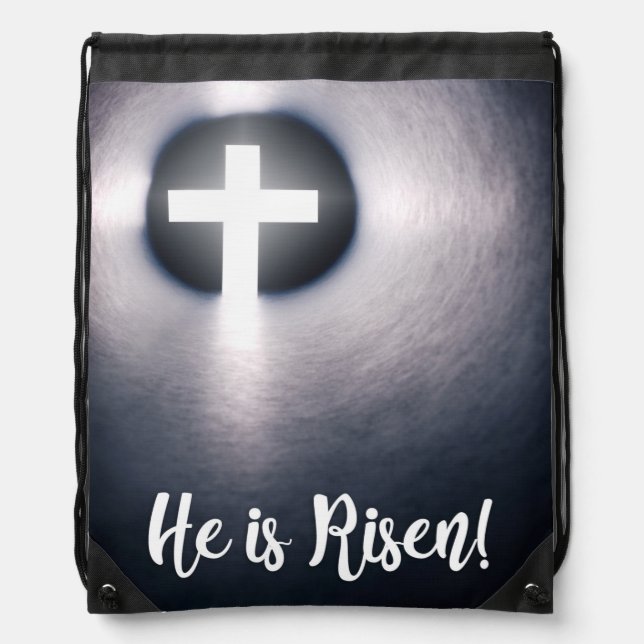Happy Easter He Is Risen Cross Drawstring Bag (Front)
