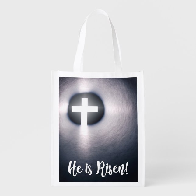 Happy Easter He Is Risen Cross Grocery Bag (Front)