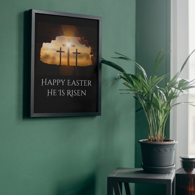 Happy Easter He is Risen Three Crosses  Faux Canvas Print (canvas print set in black metal frame (frame not included))