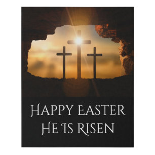 Happy Easter He is Risen Three Crosses Faux Canvas Print