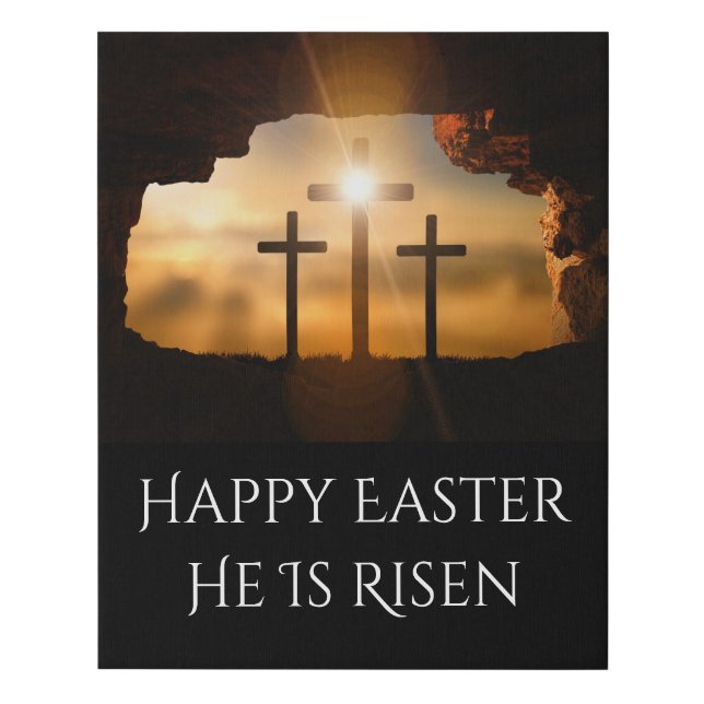 Happy Easter He is Risen Three Crosses  Faux Canvas Print (Front)
