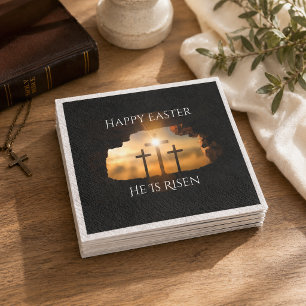 Happy Easter He is Risen Three Crosses Holiday  Napkins