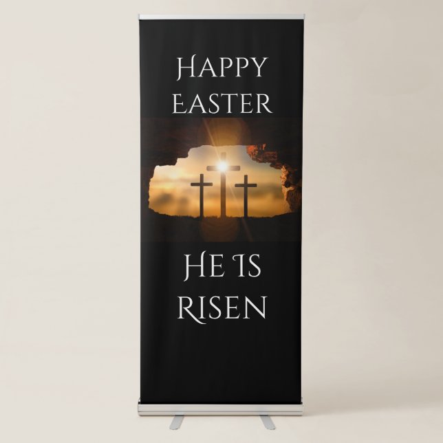 Happy Easter He is Risen Three Crosses Holiday  Retractable Banner (Front)