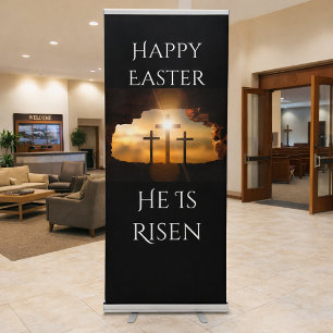 Happy Easter He is Risen Three Crosses Holiday  Retractable Banner