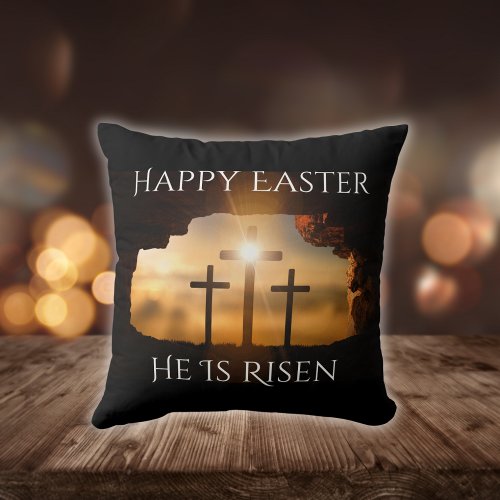 Happy Easter He is Risen Three Crosses Holiday Throw Pillow