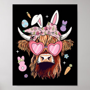 Happy Easter Heifer Cow Bunny Ears Egg Hunting Poster