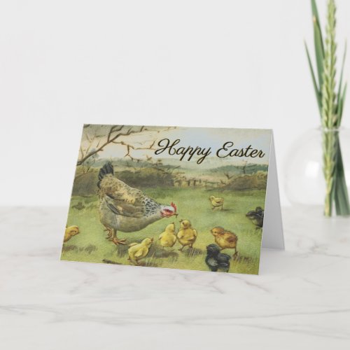 Happy Easter Hen  Chicks Vintage Pastoral  Holiday Card