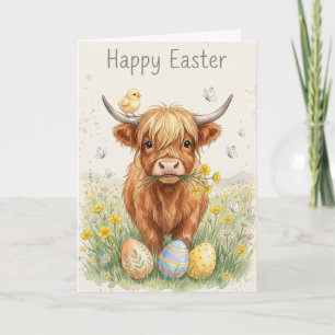 Happy Easter Highland Cow Chick & Eggs Card