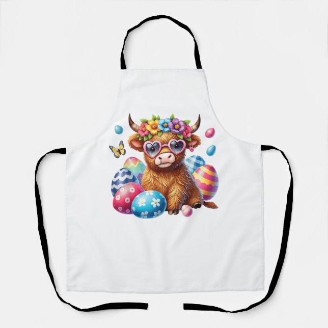 Happy Easter Highland Cow Heifer Easter Day Farmer Apron (Front)