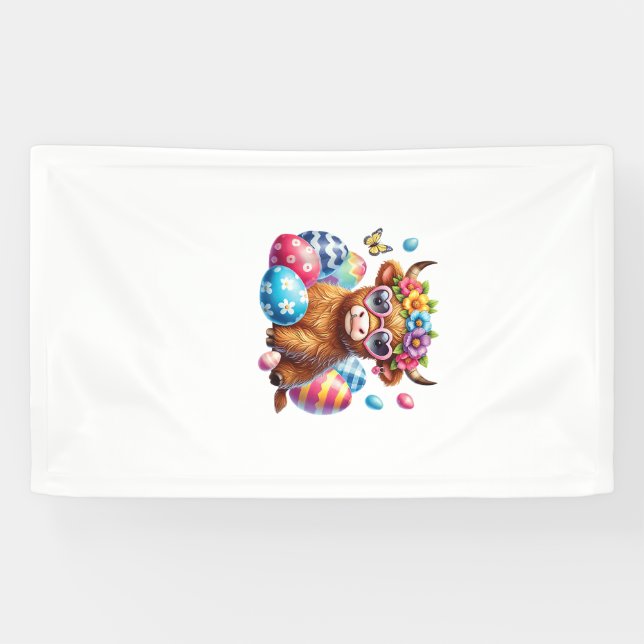 Happy Easter Highland Cow Heifer Easter Day Farmer Banner (Horizontal)