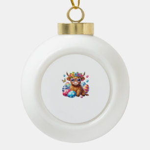 Happy Easter Highland Cow Heifer Easter Day Farmer Ceramic Ball Christmas Ornament