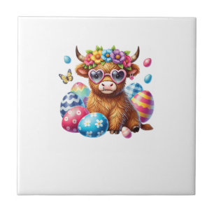 Happy Easter Highland Cow Heifer Easter Day Farmer Ceramic Tile