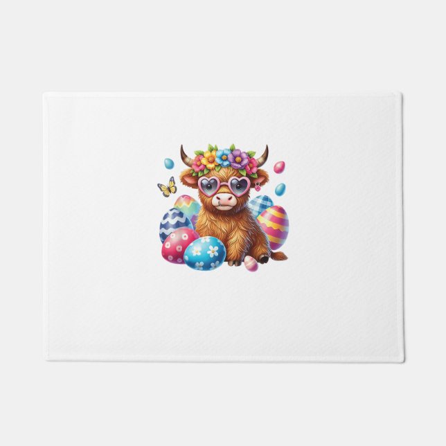 Happy Easter Highland Cow Heifer Easter Day Farmer Doormat (Front)