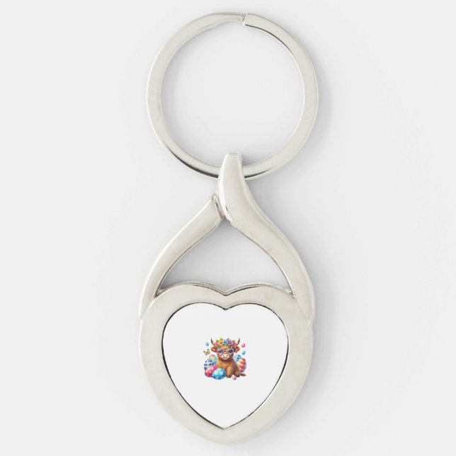 Happy Easter Highland Cow Heifer Easter Day Farmer Keychain (Front)
