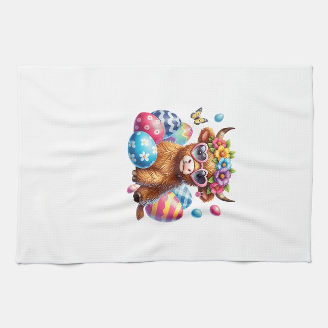 Happy Easter Highland Cow Heifer Easter Day Farmer Kitchen Towel (Horizontal)