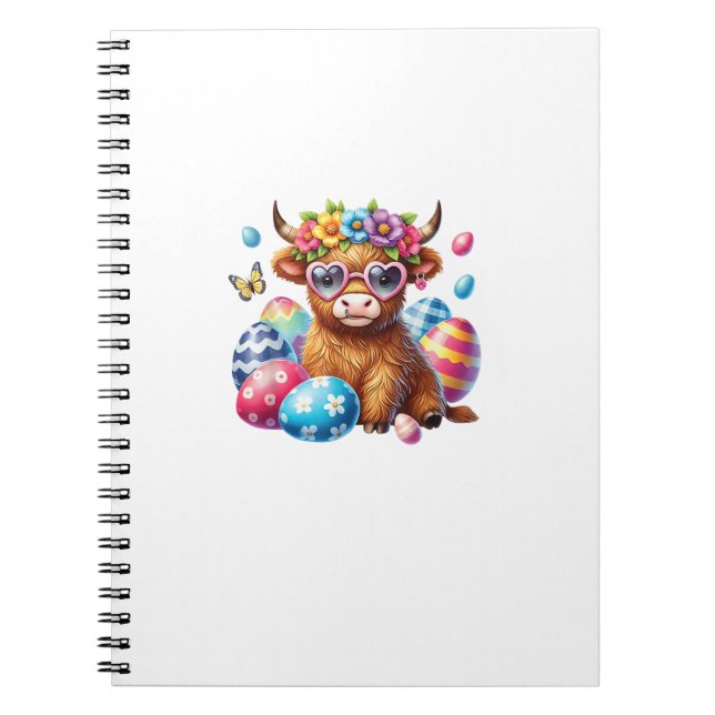 Happy Easter Highland Cow Heifer Easter Day Farmer Notebook (Front)
