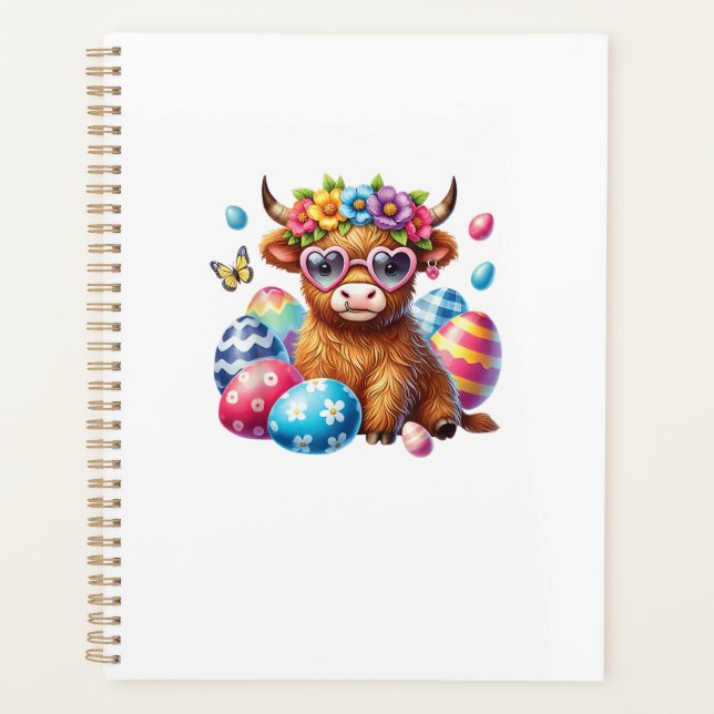 Happy Easter Highland Cow Heifer Easter Day Farmer Planner (Front)