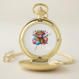 Happy Easter Highland Cow Heifer Easter Day Farmer Pocket Watch