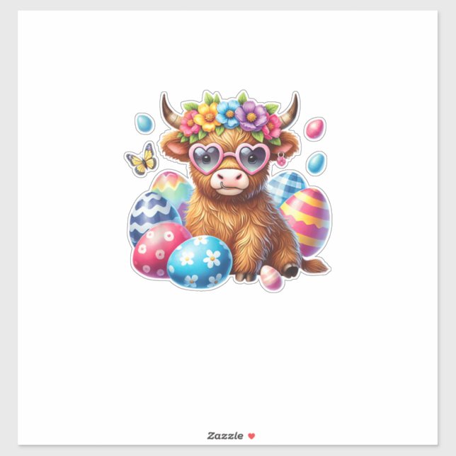 Happy Easter Highland Cow Heifer Easter Day Farmer Sticker (Sheet)