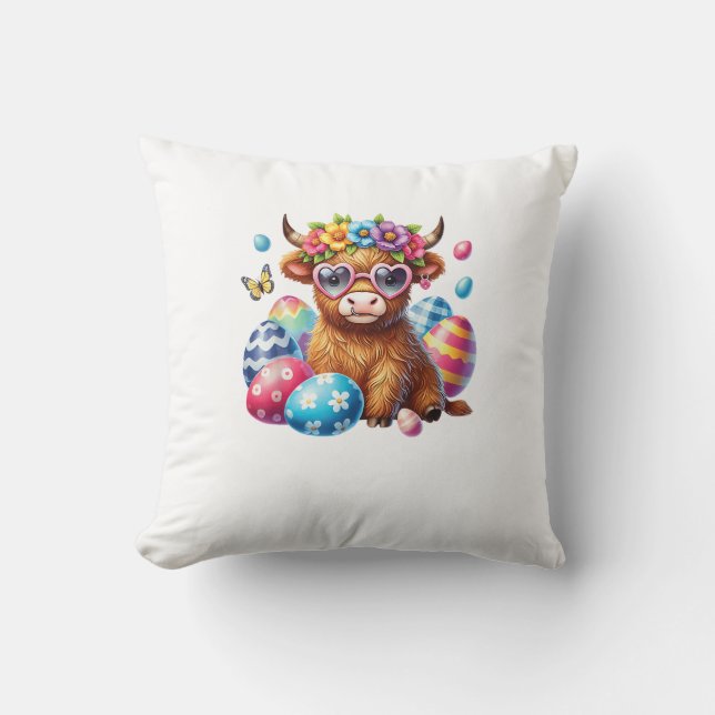 Happy Easter Highland Cow Heifer Easter Day Farmer Throw Pillow (Front)