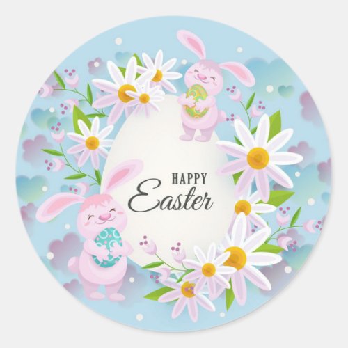 Happy Easter Holiday Trendy Bunny Floral Classic Round Sticker