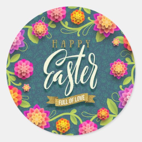 Happy Easter Holiday Trendy Bunny Floral Classic Round Sticker