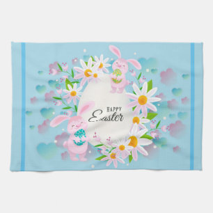 Happy Easter Holiday Trendy Bunny Floral Kitchen Towel