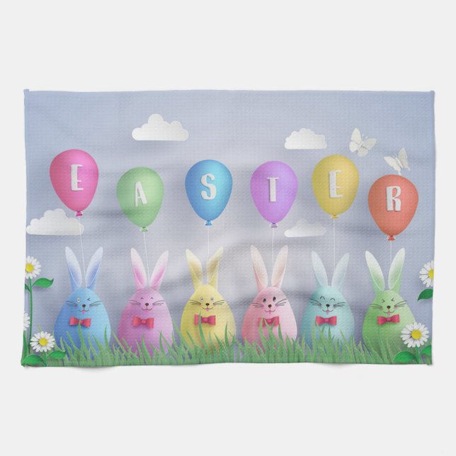 Happy Easter Holiday Trendy Bunny Floral Kitchen Towel (Horizontal)