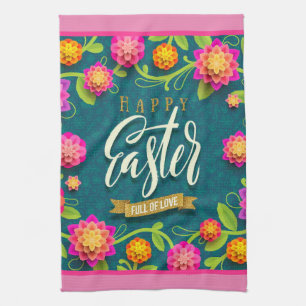 Happy Easter Holiday Trendy Bunny Floral Kitchen Towel
