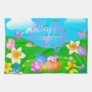 Happy Easter Holiday Trendy Bunny Floral Kitchen Towel