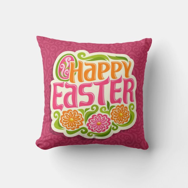 Happy Easter Holiday Trendy Bunny Floral Throw Pillow (Front)