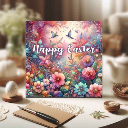 Happy Easter Hummingbirds Colorful Flowers Easter Holiday Card