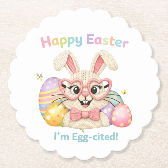 Happy Easter I'm Egg-cited Bunny  Paper Coaster (Front)