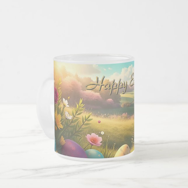 Happy Easter in a Spring Landscape Frosted Glass Coffee Mug (Front Left)